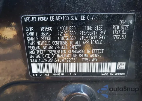 2018 Honda Hr-V Lx from USA, damaged, VIN 3CZRU5H34JM722751